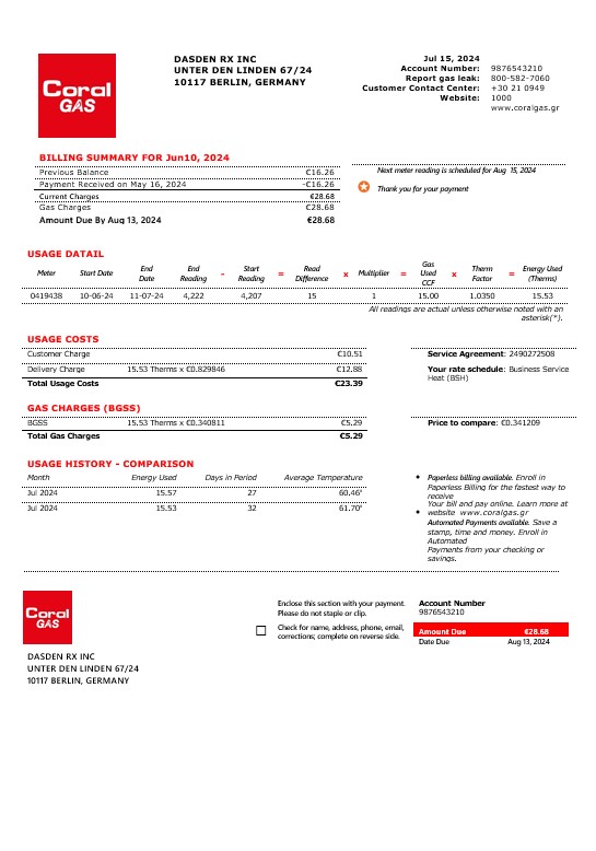 Greece CORAL GAS business utility bill template in Word and PDF formats